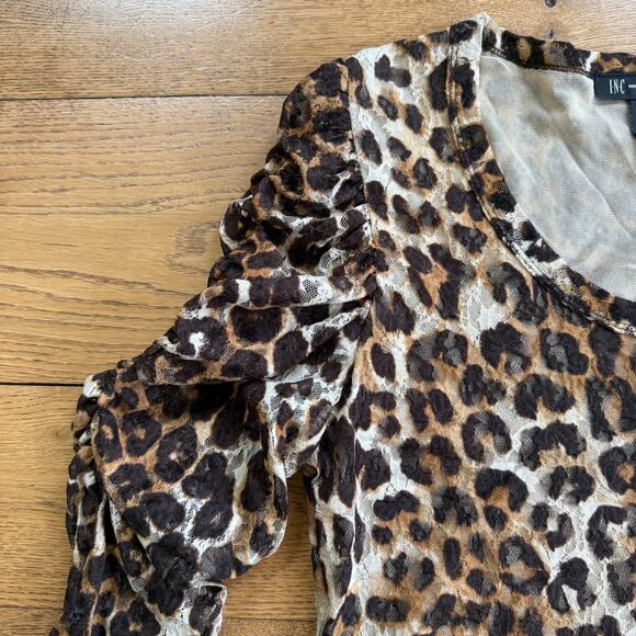 INC | Cheetah Print Long Sleeve Mesh Top | Size L | Ruched Puffed Sleeve Wild - Picture 4 of 11